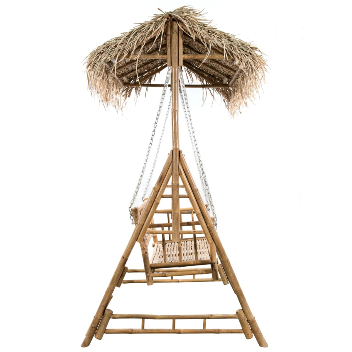 Ein Holzschaukelgestell mit einem Dach aus Stroh und einer Sitzfläche aus Holz.
