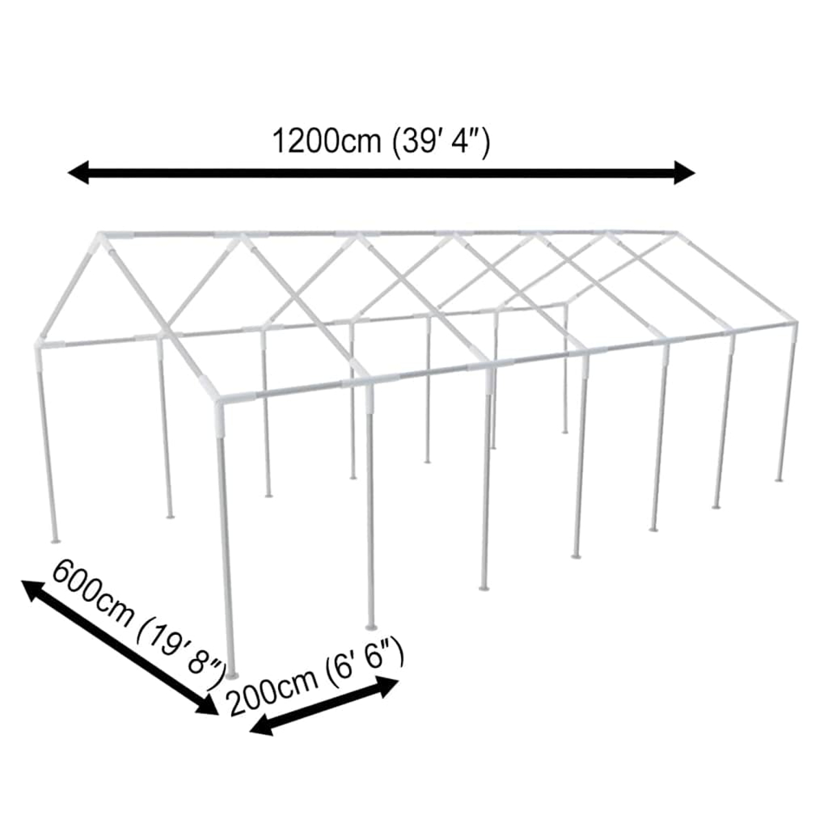 Ein weißer Zeltrahmen mit Maßen 1200cm x 600cm x 200cm.