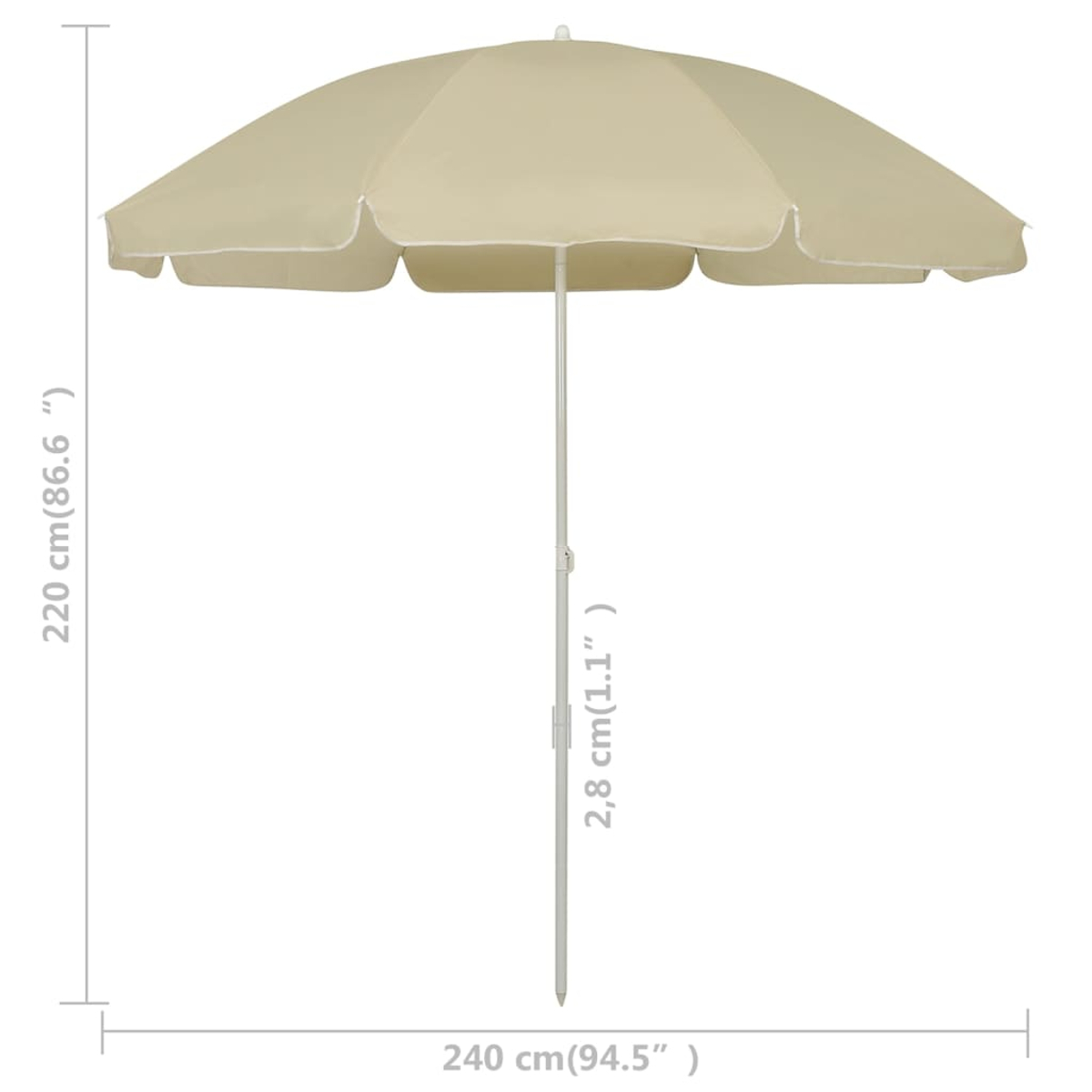 Un ombrellone da esterno beige con bordo bianco, alto 220cm, largo 240cm.