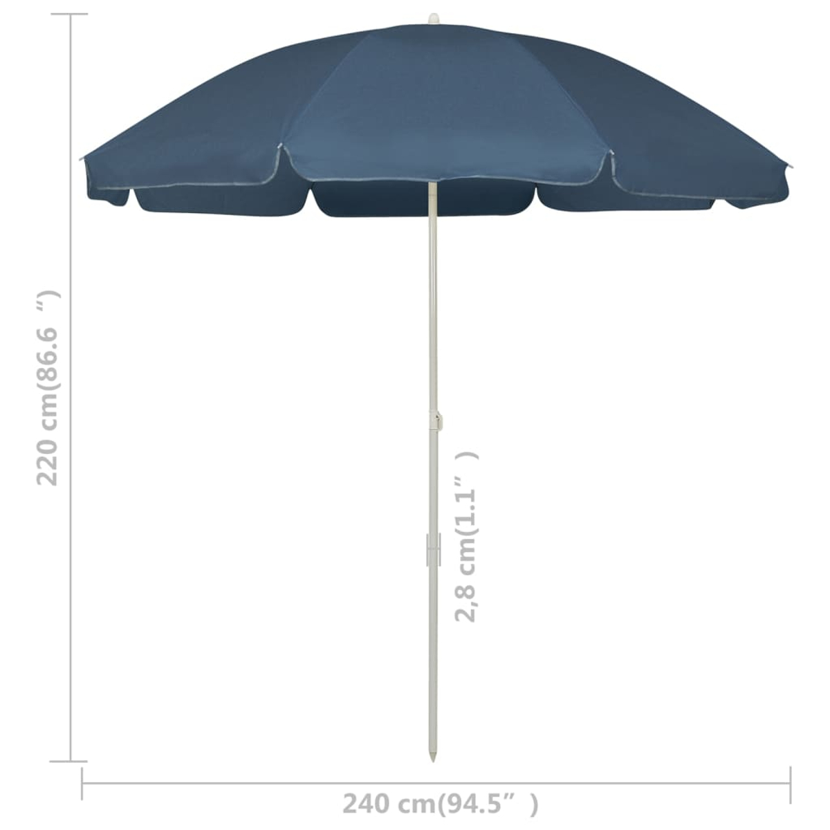 Un ombrellone blu scuro con asta bianca, alto 220 cm.
