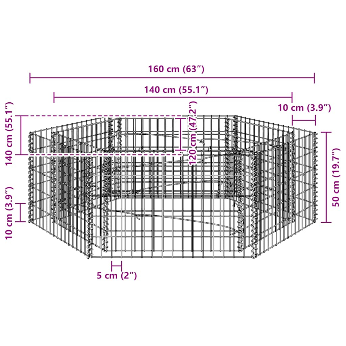 Diagramm eines sechseckigen Steinkorbs mit Bemaßungen in cm und Zoll.