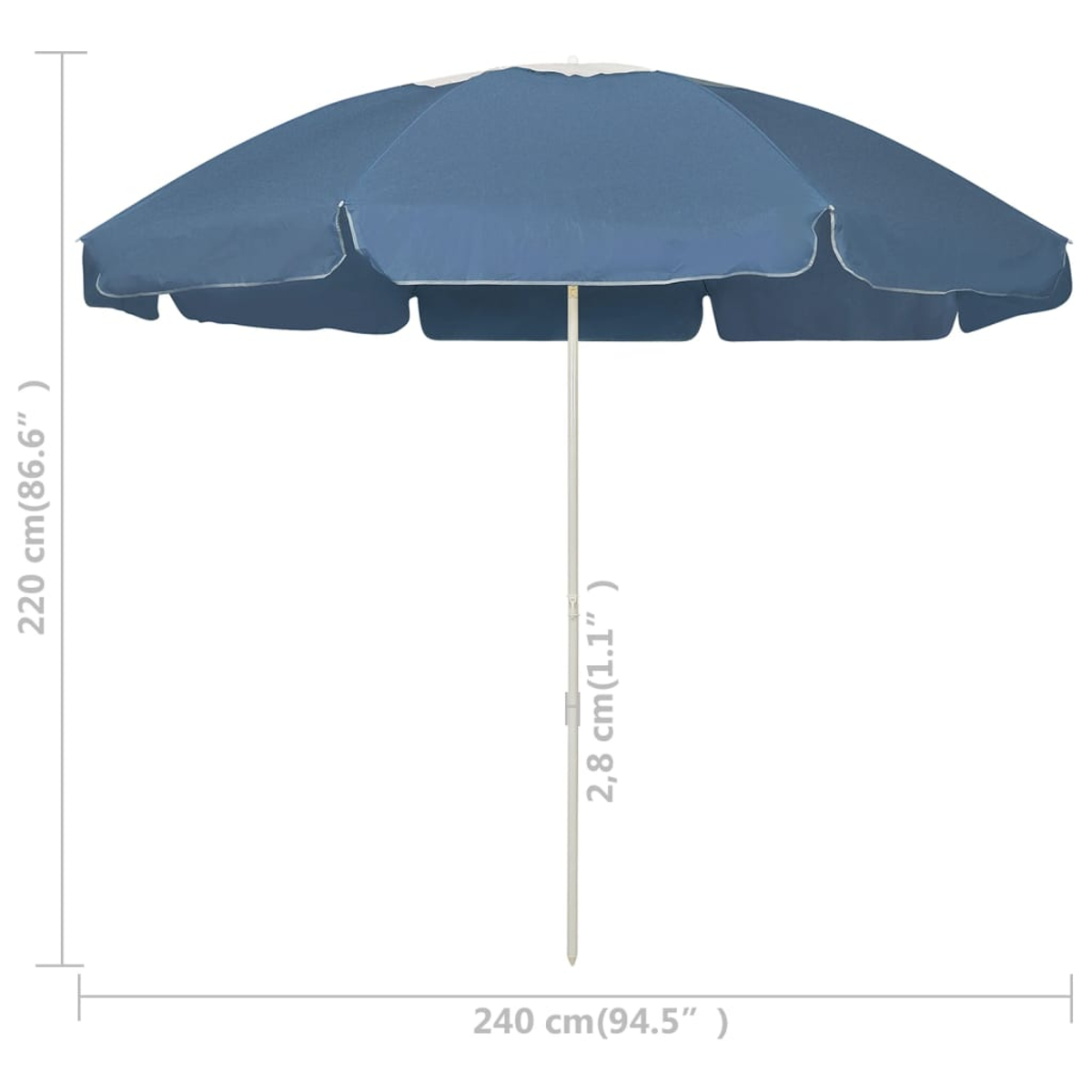 Un ombrellone blu con bordo bianco, largo 240 cm.