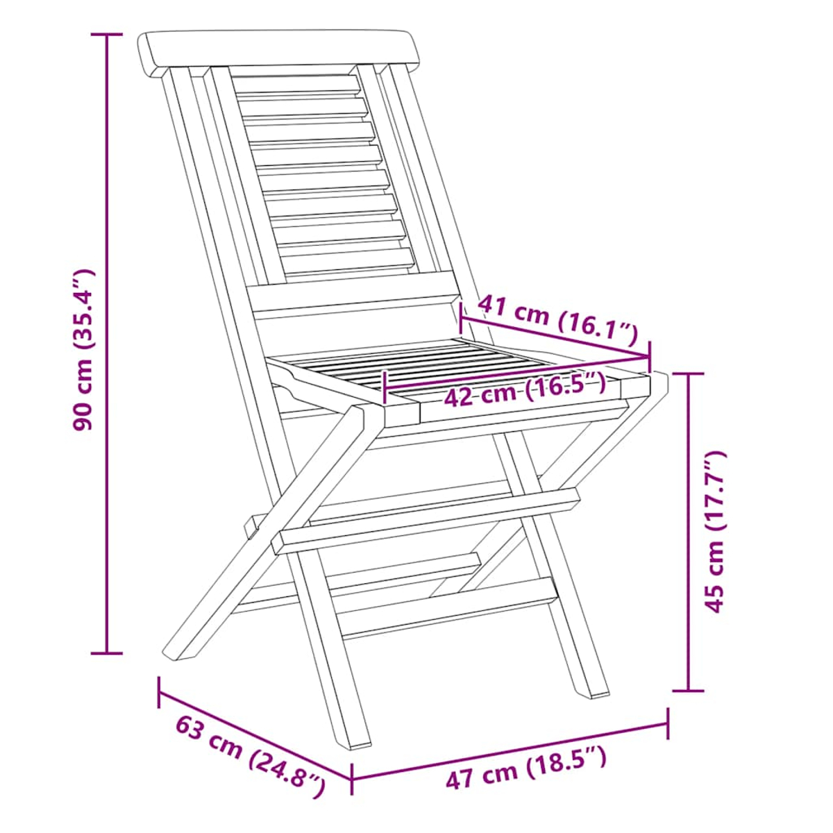 Zeichnung eines Holzstuhls mit Maßen: Höhe 90cm, Breite 63cm, Tiefe 47cm. Sitzmaße: Breite 42cm, Tiefe 41cm, Höhe 45cm.