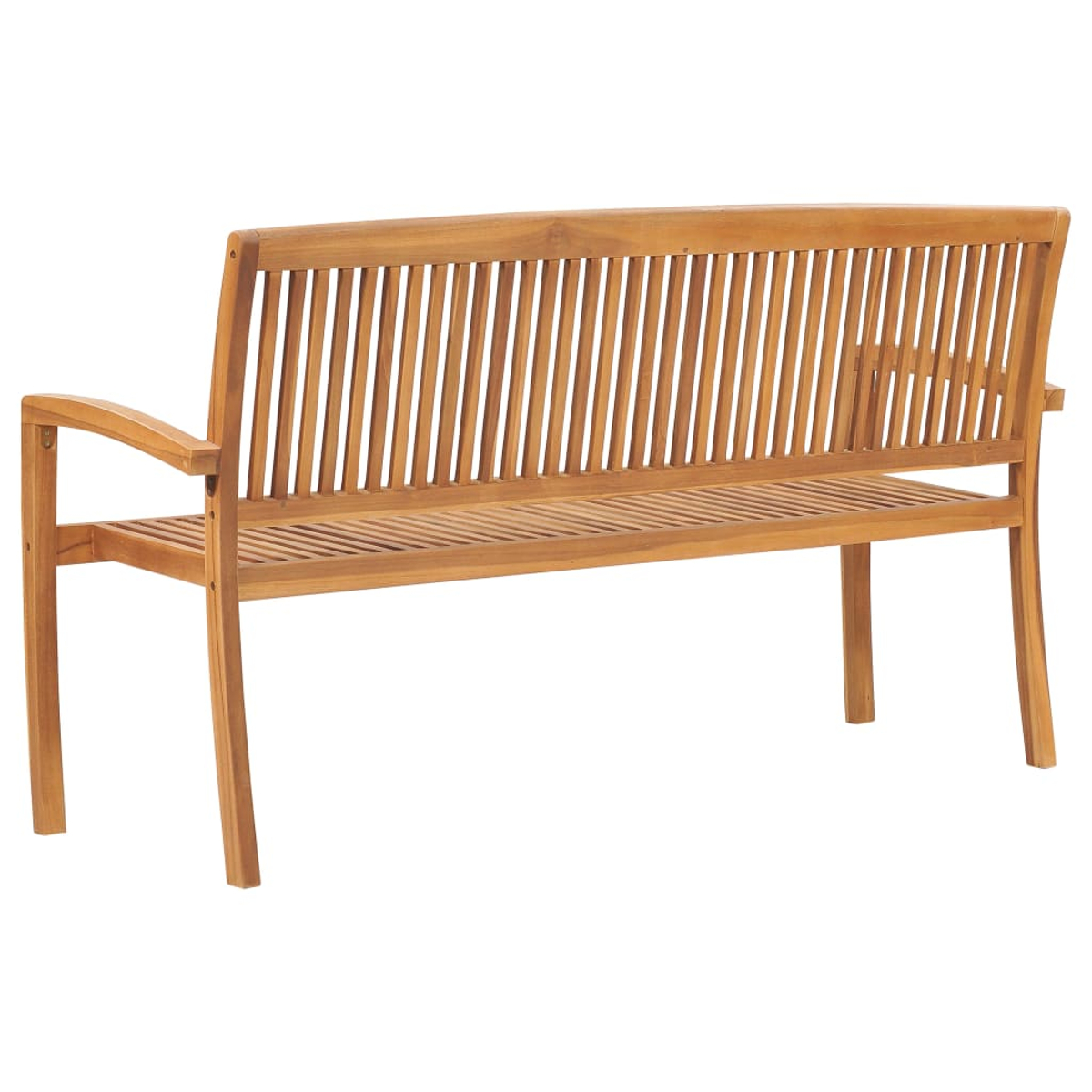 Eine hölzerne Gartenbank mit Lattenrostsitz und -lehne sowie geschwungenen Armlehnen.