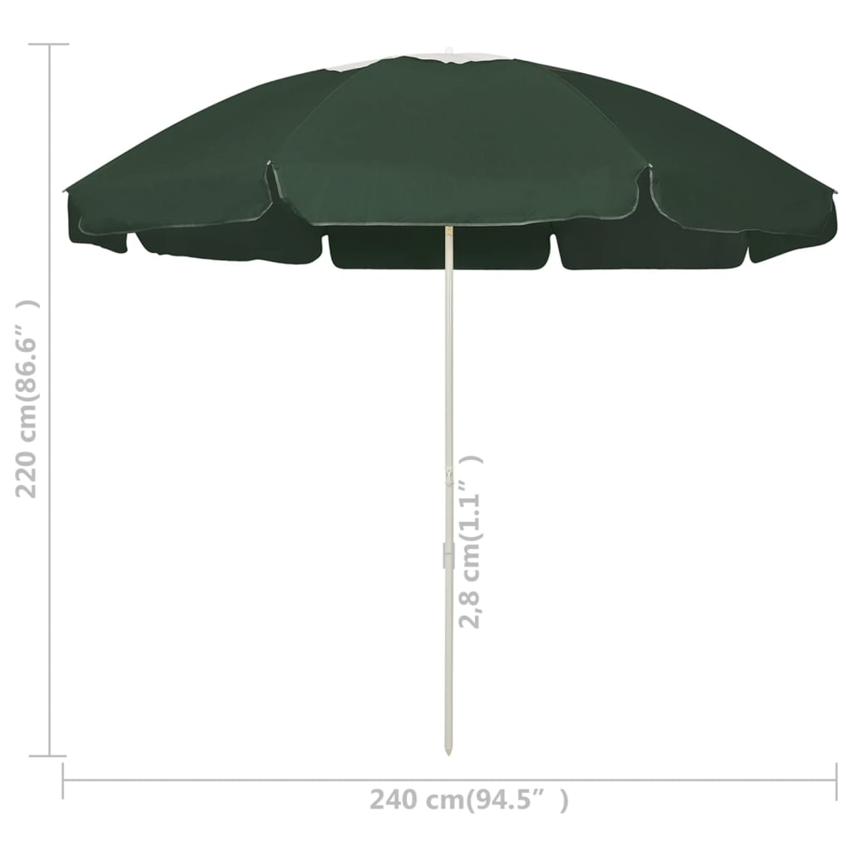 Un parasole verde con bordo bianco, alto 220 cm, largo 240 cm.