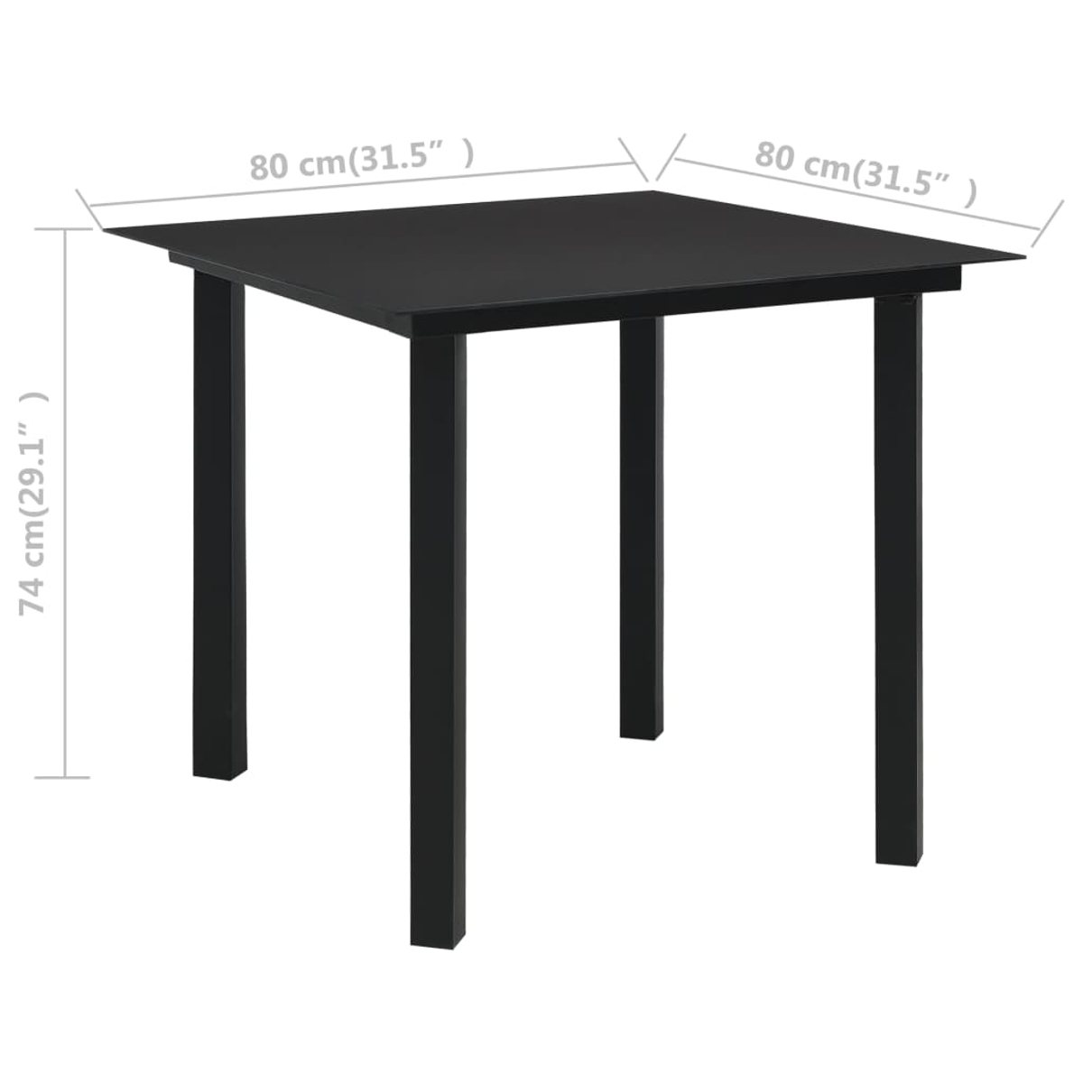 Ein schwarzer Tisch mit Maßen von 80 x 80 cm und 74 cm Höhe.