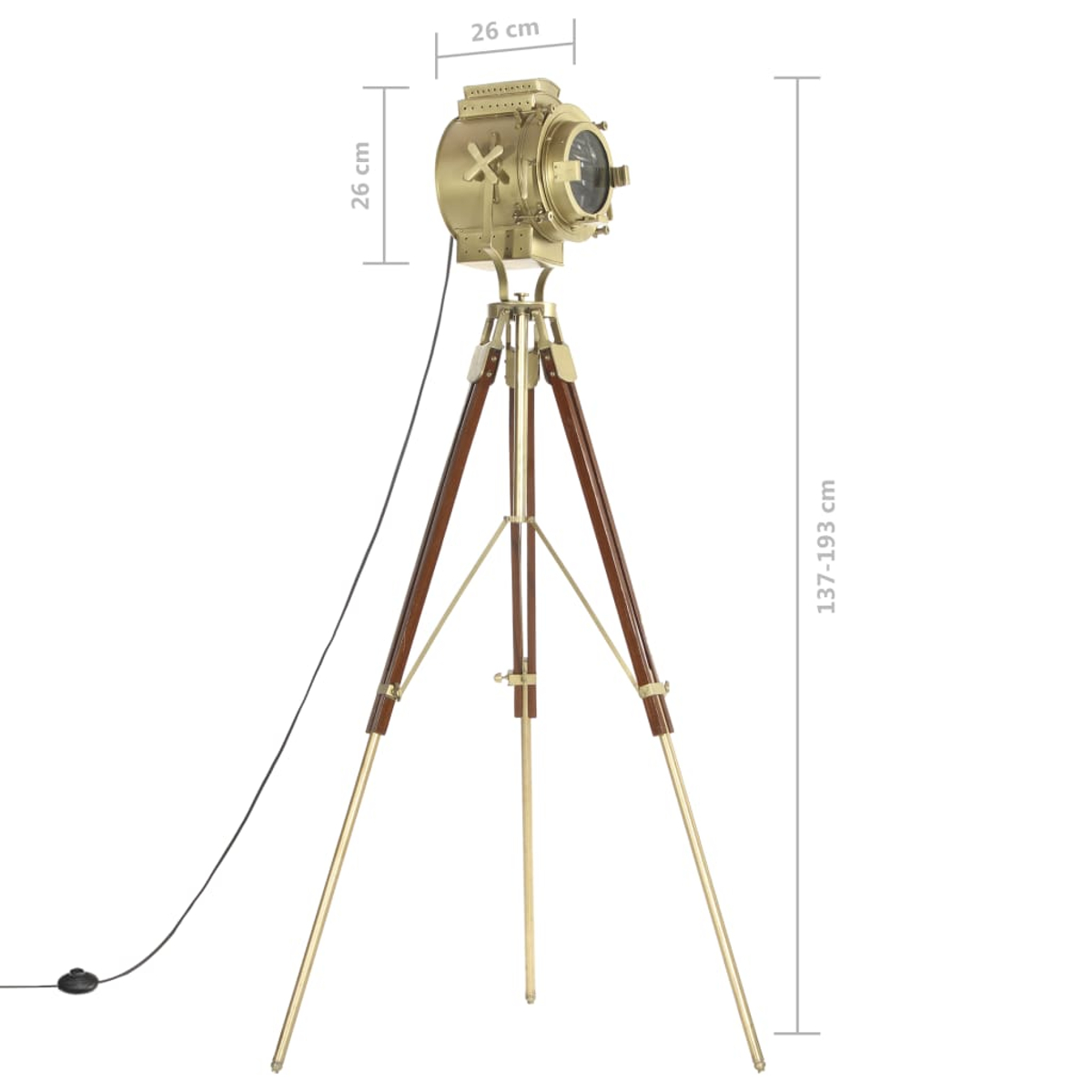 Messingfarbene Stehlampe mit Holzstativ und schwarzem Kabel.