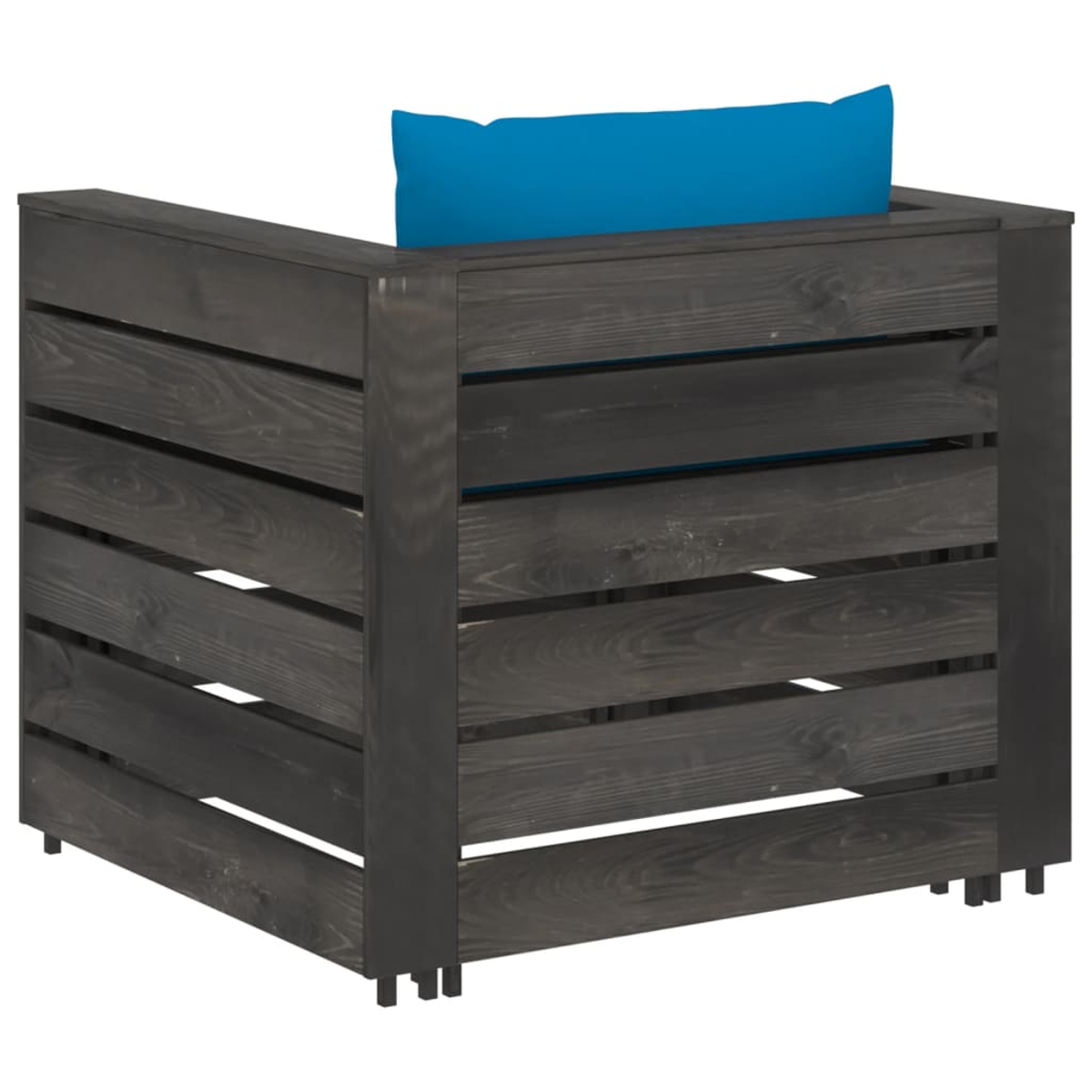 Dunkelgrauer Holzschrank mit blauem Kissen, moderner Stil.