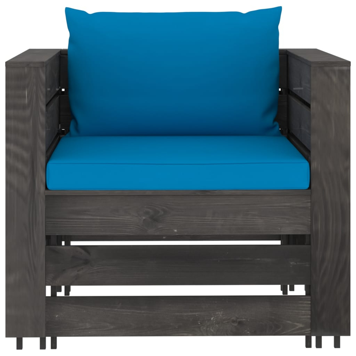 Ein dunkles Holzsofa mit einem blauen Sitz- und Rückenkissen.