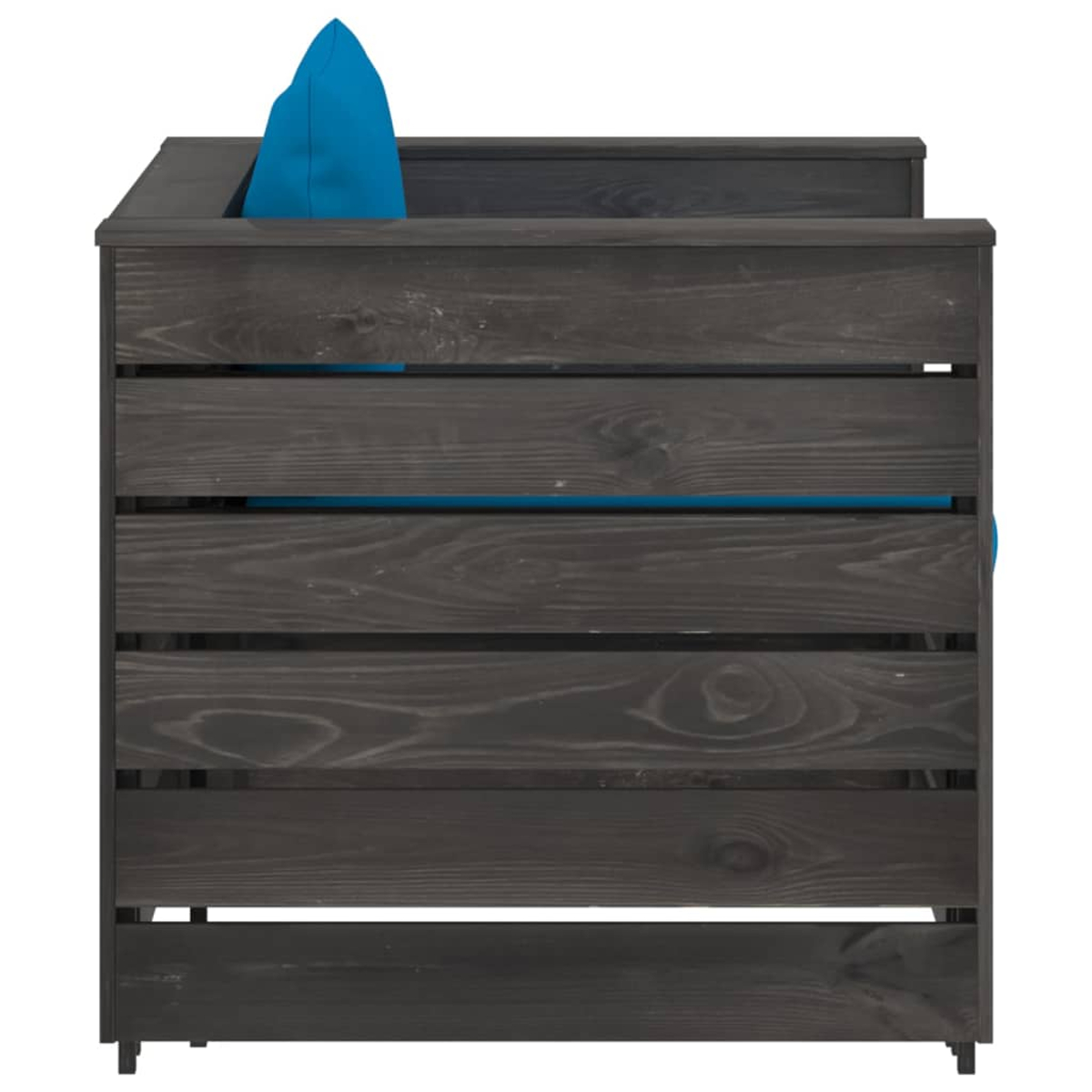 Dunkelgraues Holzsofa mit blauem Kissen, von der Seite gesehen.