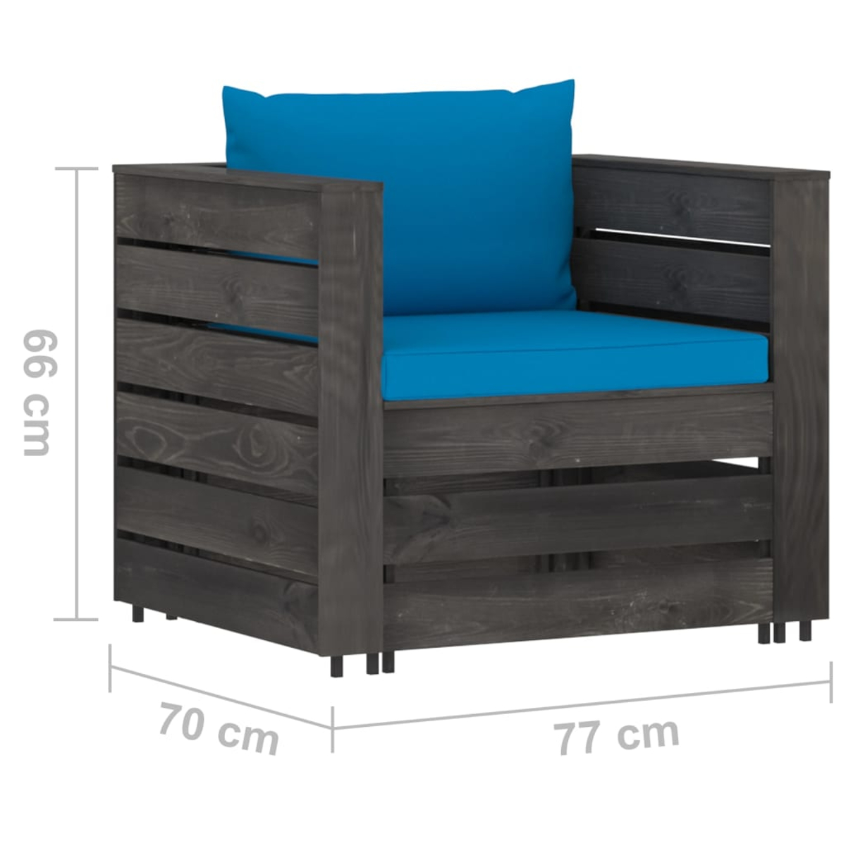 Dunkelgrauer Holzstuhl mit blauen Kissen, 77x70x66 cm.