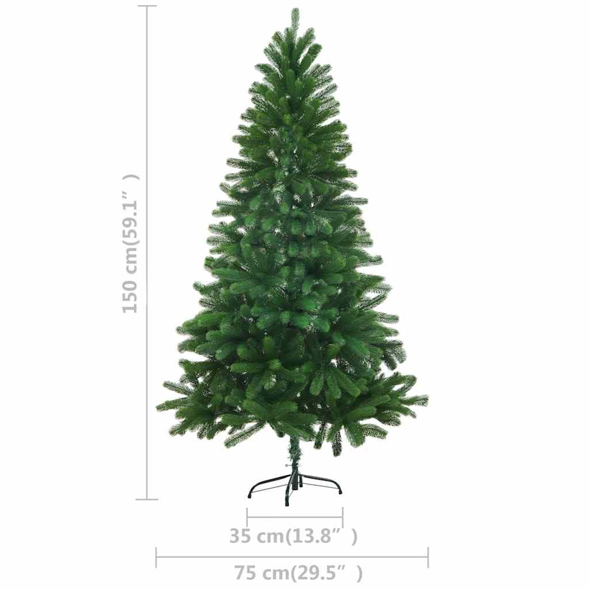 Ein voller, grüner künstlicher Weihnachtsbaum steht auf einem Metallständer.