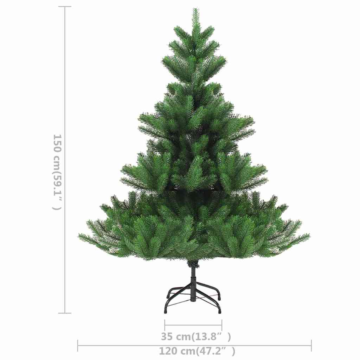 Ein grüner künstlicher Weihnachtsbaum auf einem schwarzen Ständer.