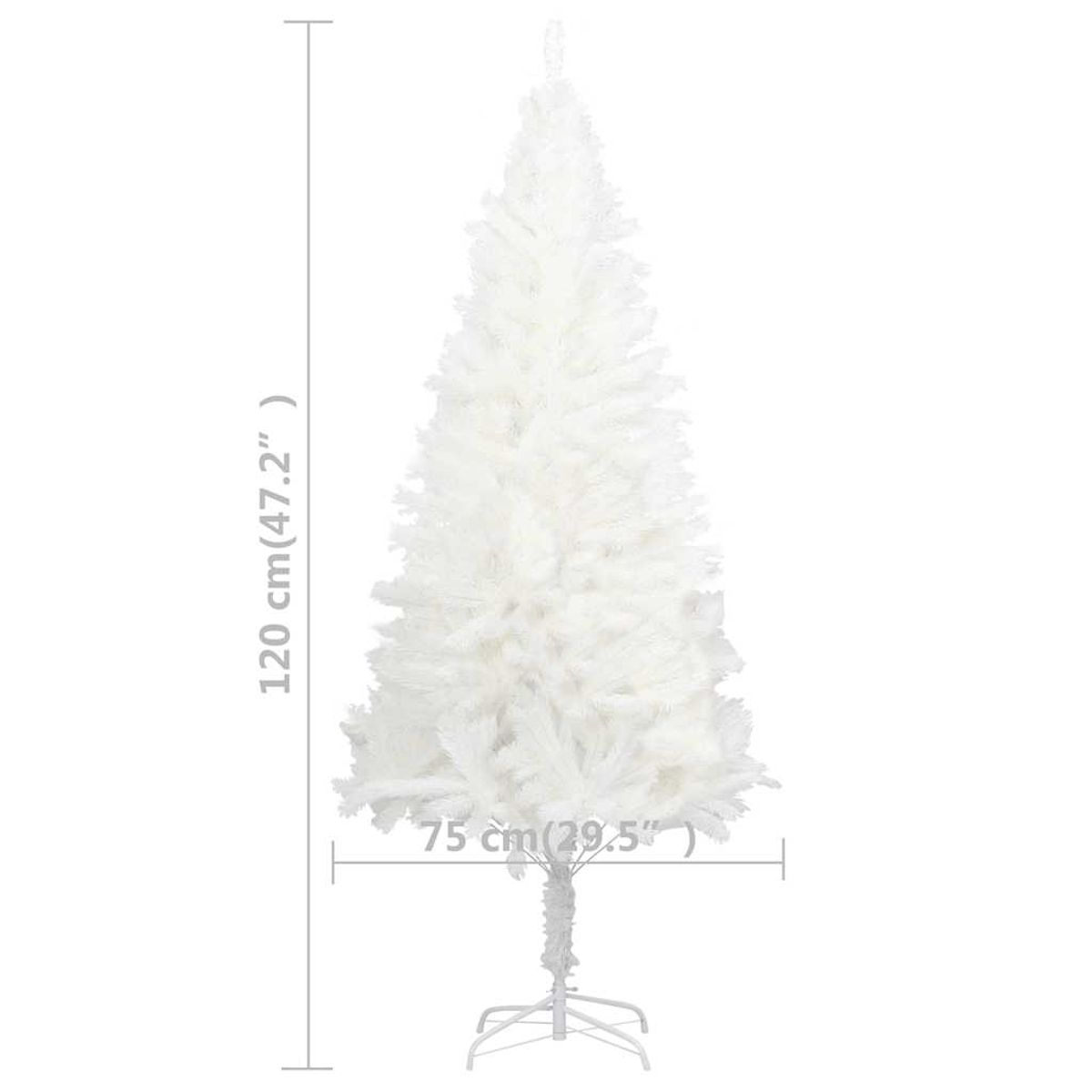 Ein 120 cm hoher, weißer Weihnachtsbaum mit Ständer, 75 cm breit.