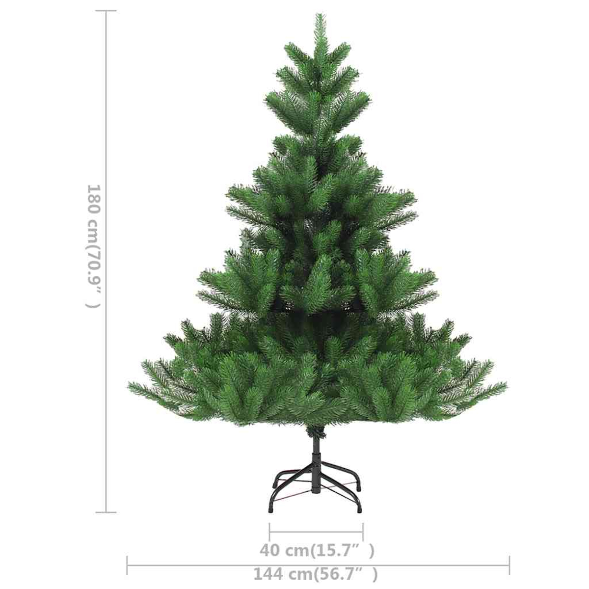 Ein hoher, grüner künstlicher Weihnachtsbaum mit Metallständer. Maße angegeben.