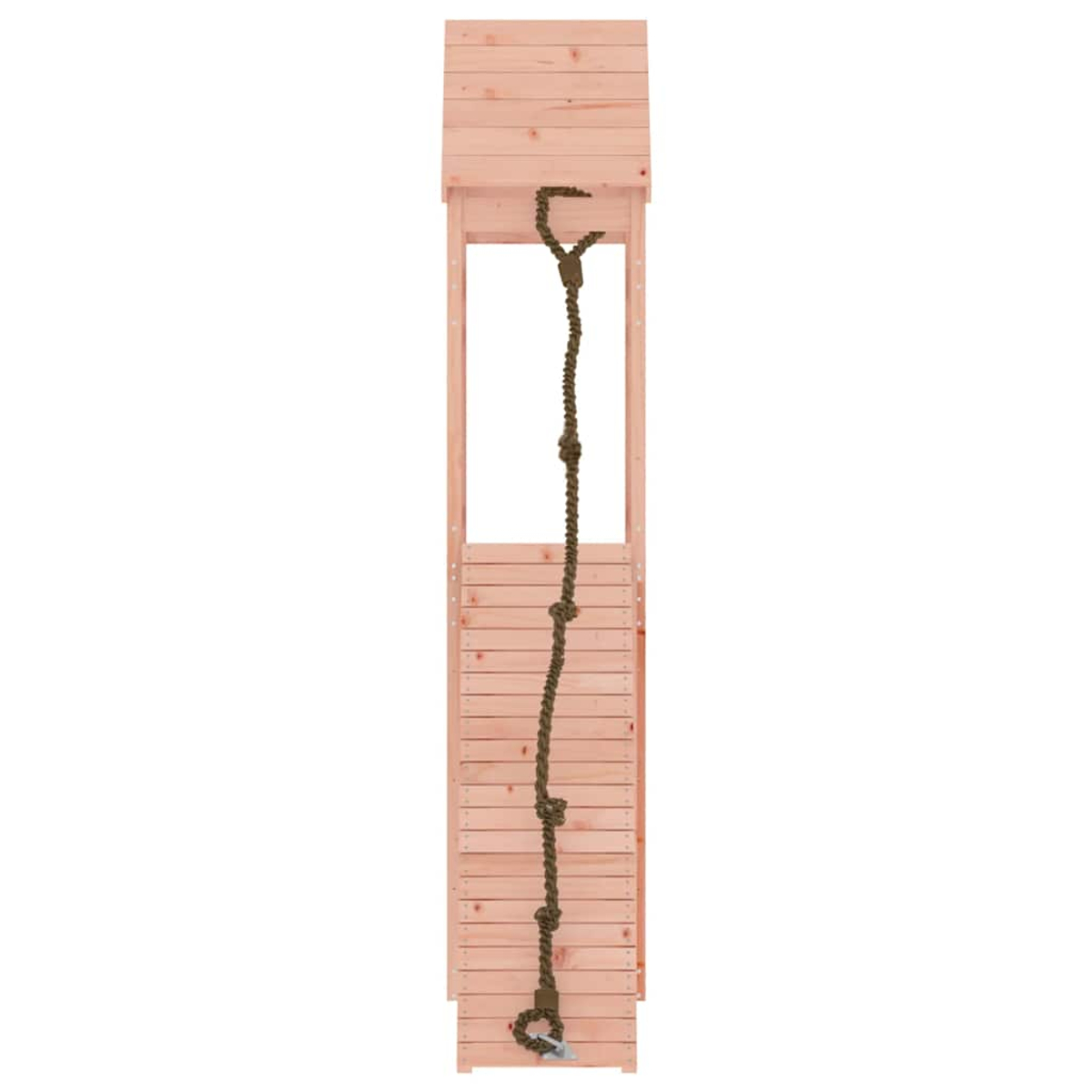 Holzkonstruktion mit Seil und Sprossen auf weißem Hintergrund.