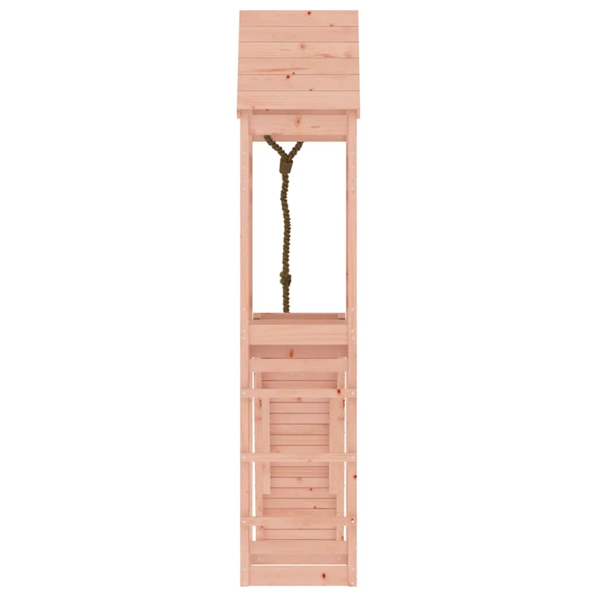 Holzspielturm mit Strickleiter und Dach.