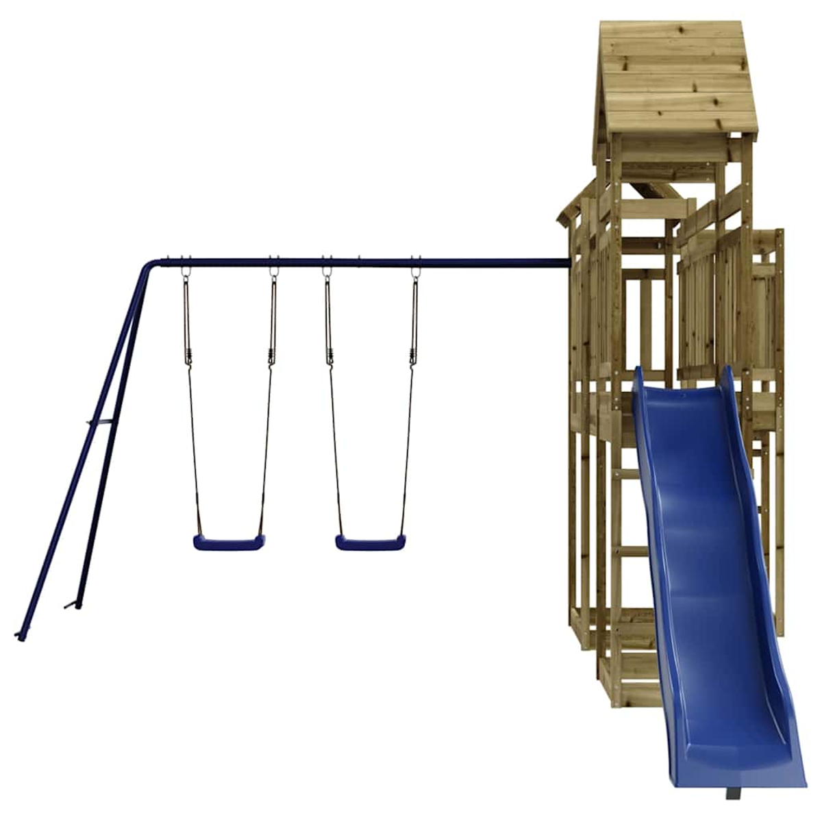 Ein Spielturm mit Schaukeln und einer blauen Rutsche auf weißem Hintergrund.