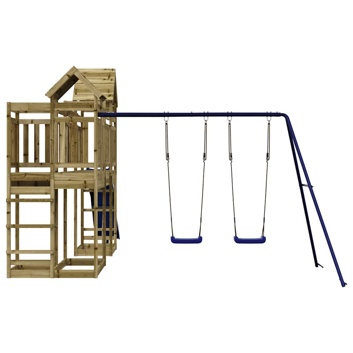 Holzspielturm mit zwei blauen Schaukeln auf weißem Hintergrund.