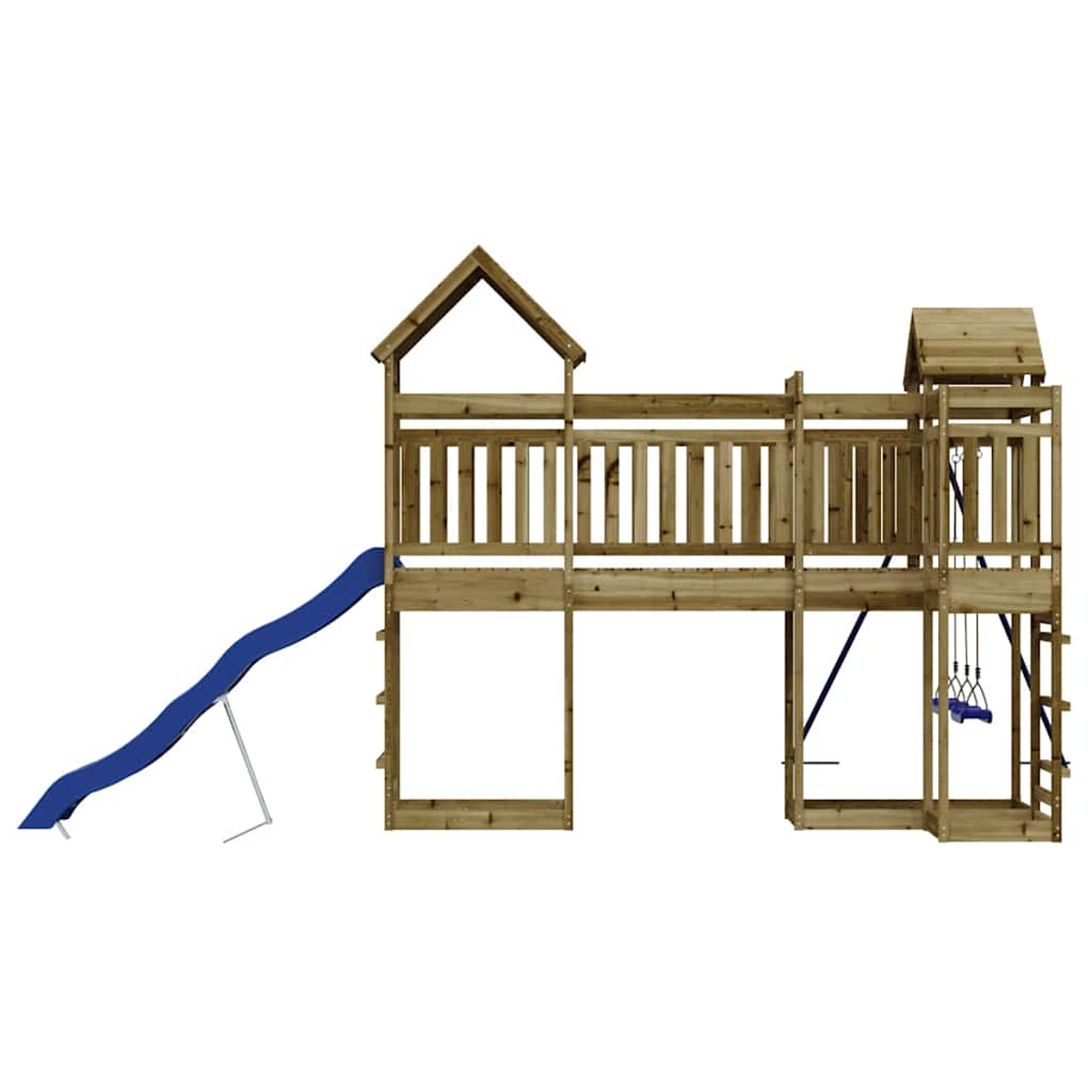 Holzspielplatz mit blauer Rutsche und Schaukeln. Mehrere Ebenen und Dach.