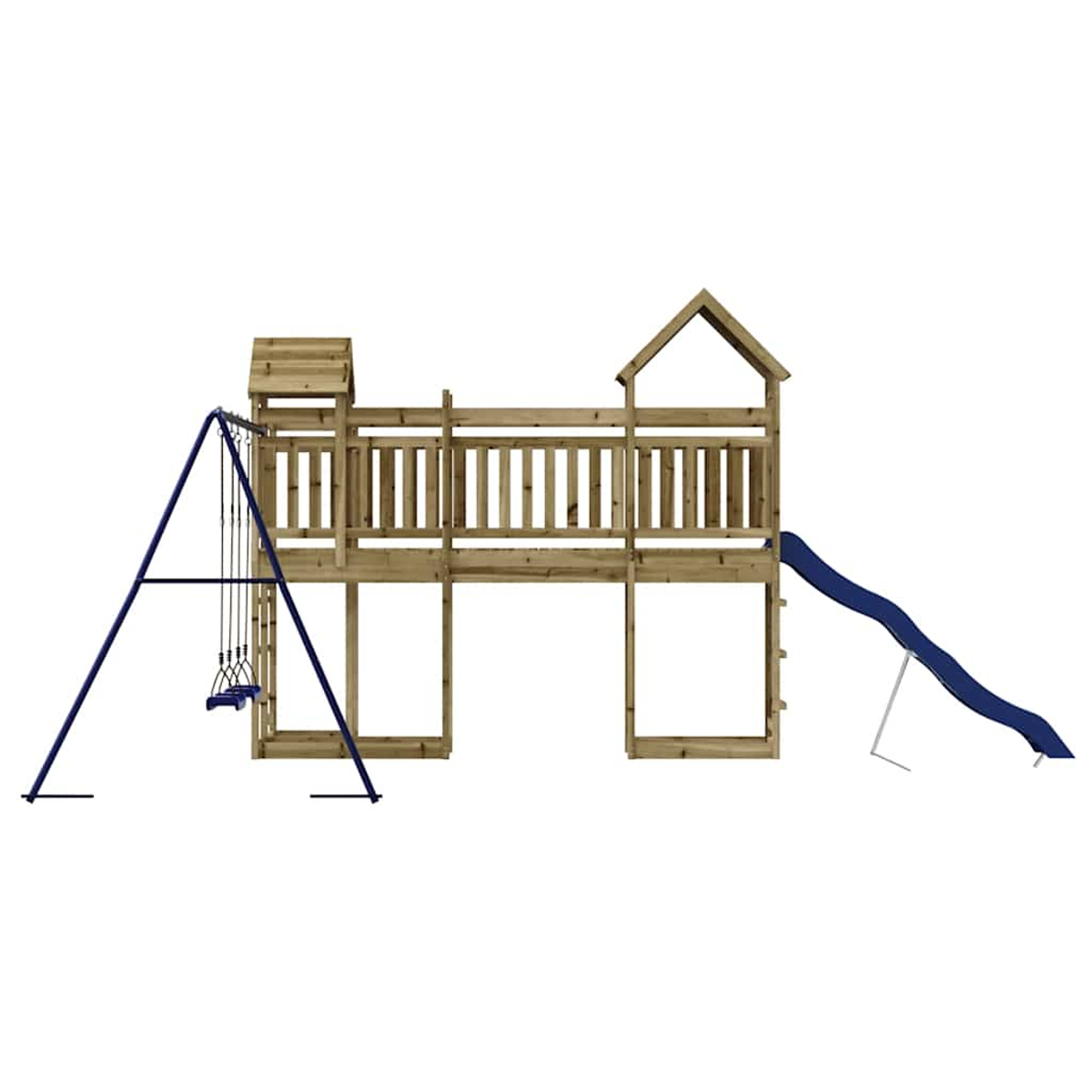 Holzspielturm mit Schaukel, Rutsche, Dach und Geländer auf weißem Hintergrund.