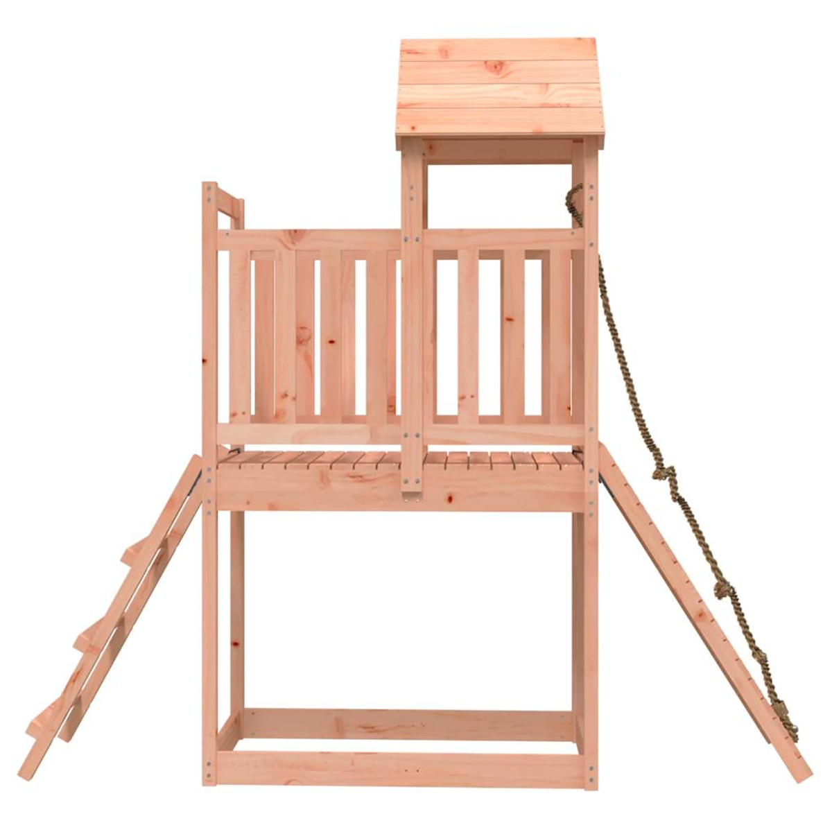 Ein hölzerner Spielturm mit Dach, Leiter und Seil.