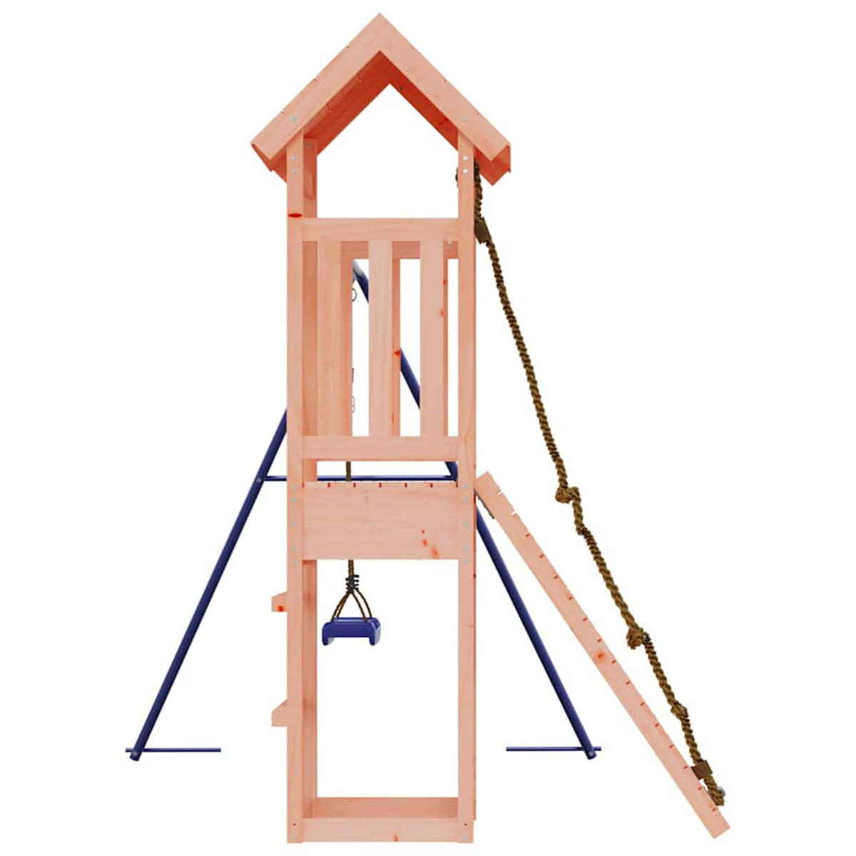 Ein hölzerner Spielturm mit Schaukel, Seil und Leiter vor weißem Hintergrund.