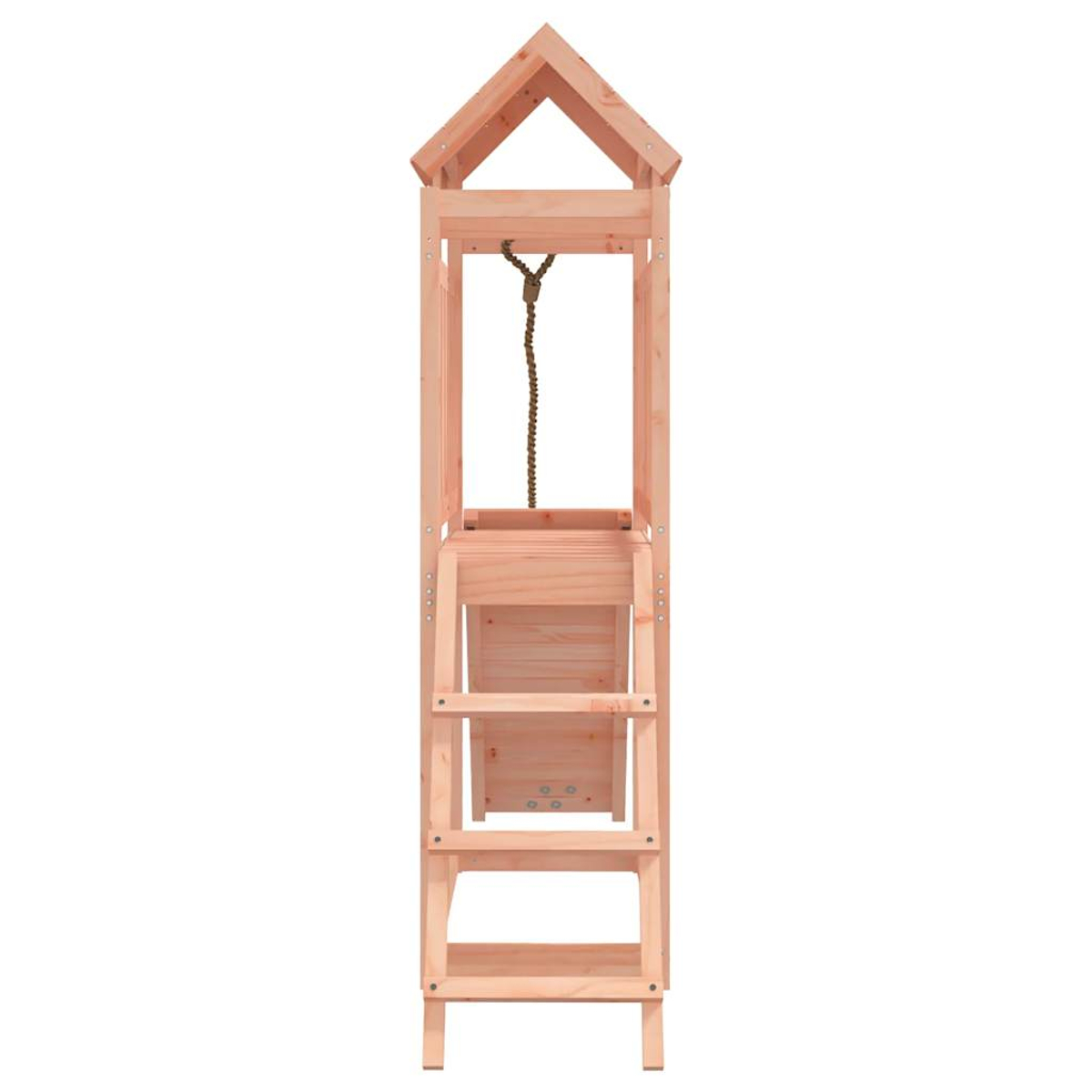 Ein hölzerner Spielturm mit Leiter und Seil.