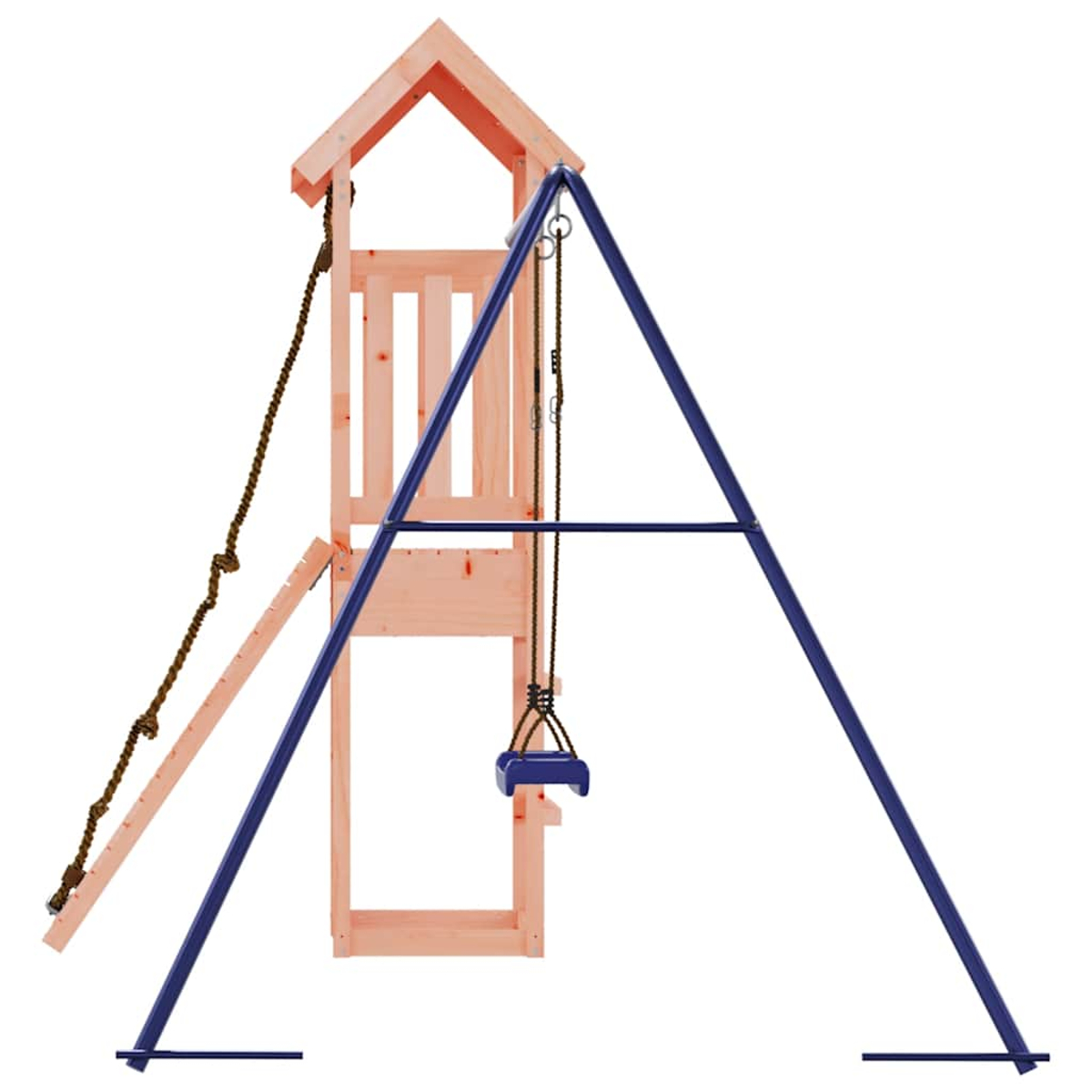 Ein Holz-Schaukelset mit blauem Metallrahmen, Seil und Schaukel.