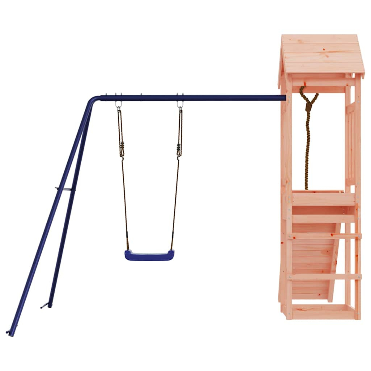 Blaues Schaukelgestell mit einem Holzspielhaus mit Leiter und Seil.