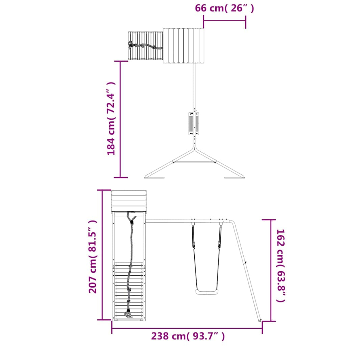 Diagramm einer Schaukel mit Maßen. Höhe 207 cm, Breite 238 cm.