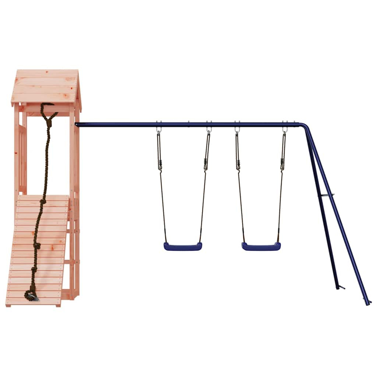 Holzspielturm mit Rutsche, Kletterseil und zwei blauen Schaukeln auf blauem Metallgestell.