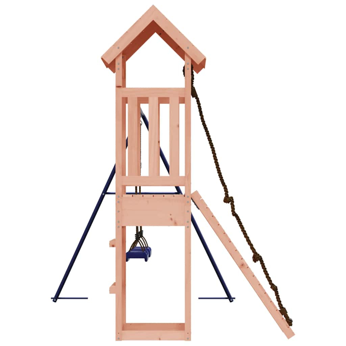 Holz-Spielturm mit Schaukel, Strickleiter und Rutsche auf blauem Gestell.