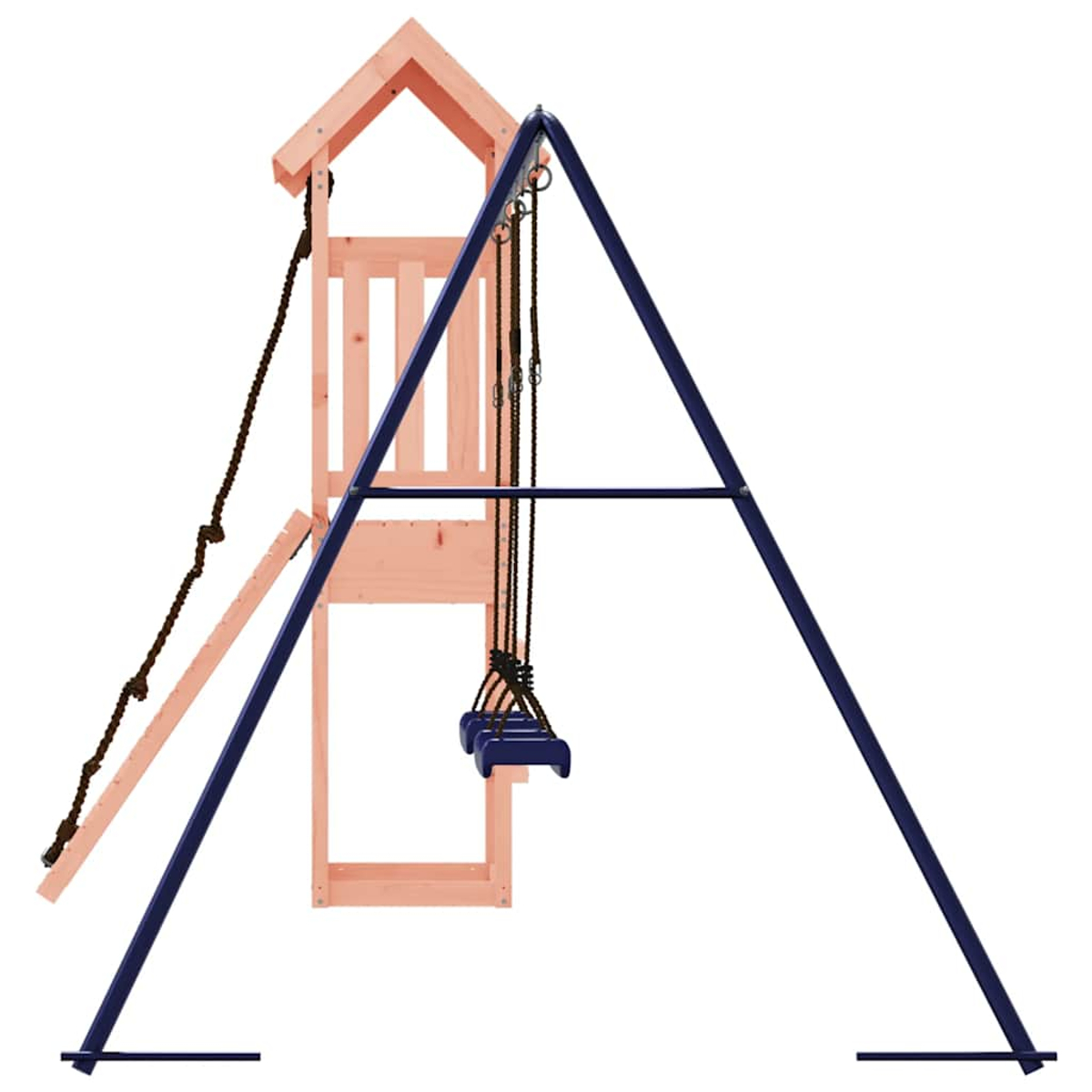 Ein Holzspielturm mit einer blauen Schaukel und einem Kletterseil.