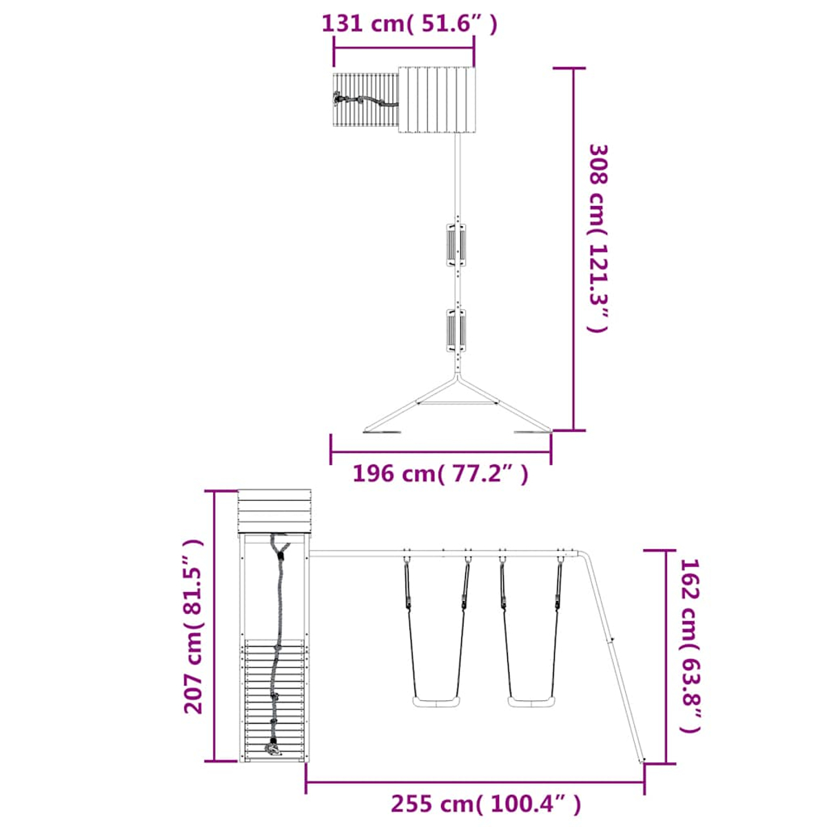 Diagramm einer Metallspielplatzstruktur mit Schaukeln und Kletterseil. Abmessungen sind angegeben.