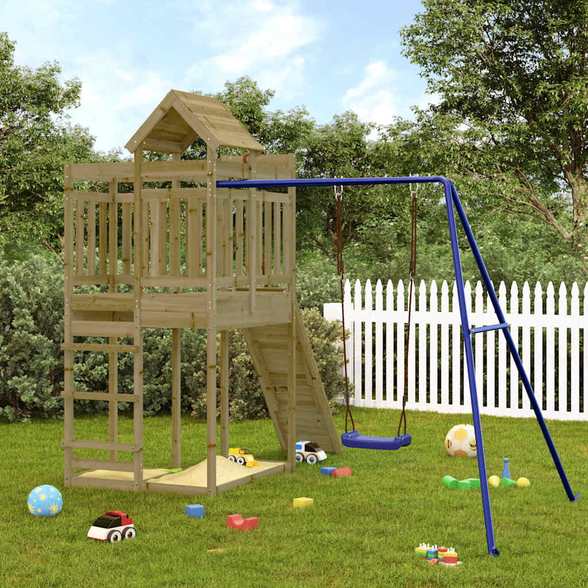 Ein Holzspielturm mit Rutsche, Schaukel, Sandkasten und Spielzeug im Garten.