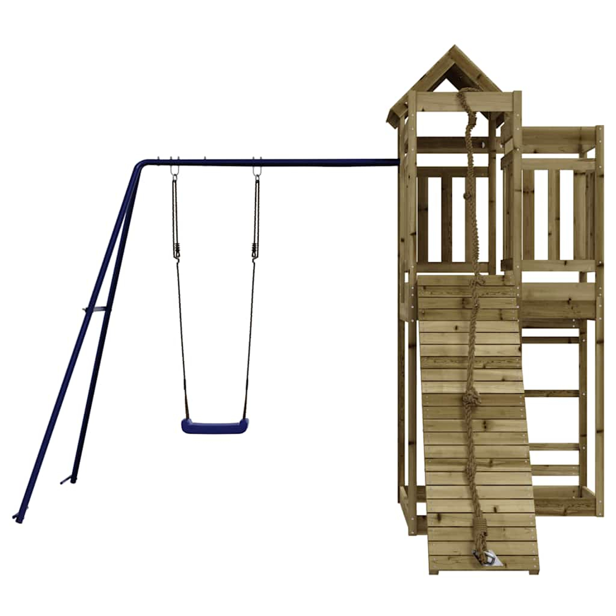 Ein Holzspielturm mit Schaukel und Kletterseil auf weißem Hintergrund.