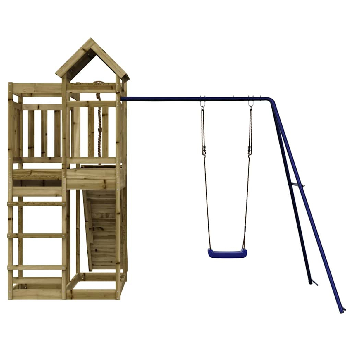 Holzspielhaus mit Leiter, Seil und blauer Schaukel vor weißem Hintergrund.