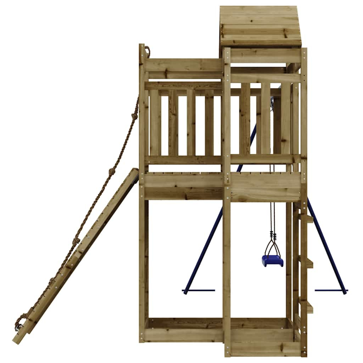 Holzspielturm mit Rutsche, Seil und Schaukel.