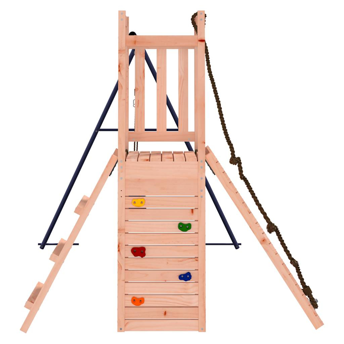 Holz-Klettergerüst mit Leitern, Seil und bunten Griffen.