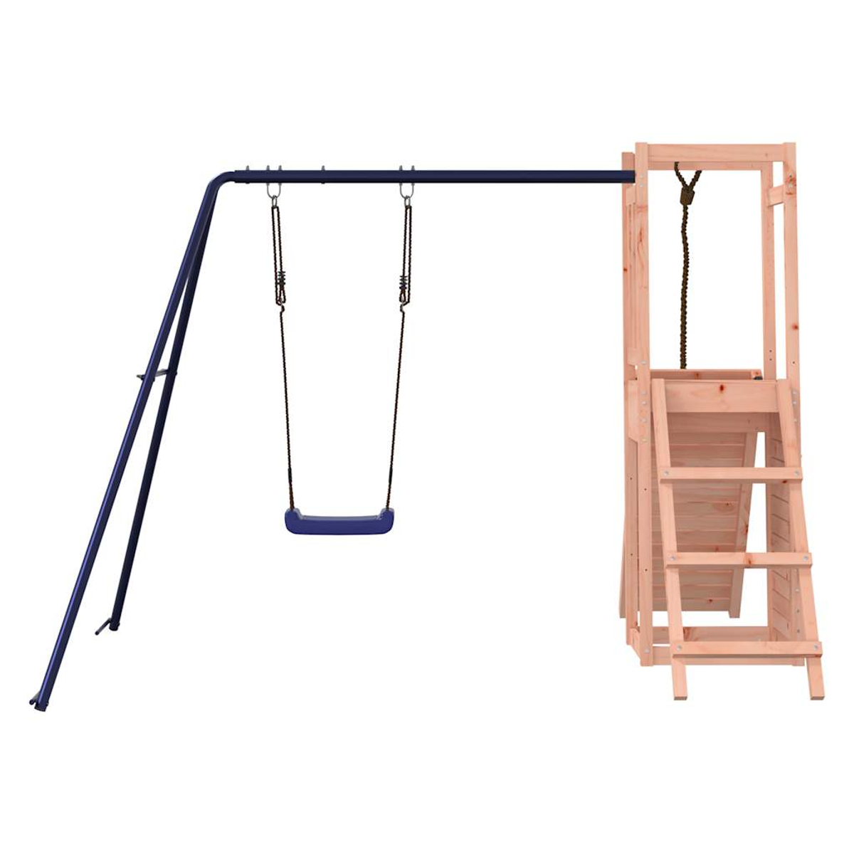 Ein Holzspielgerüst mit einer blauen Schaukel und einer Leiter.