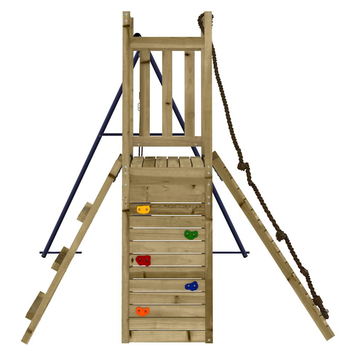 Ein hölzerner Spielturm mit Kletterwand, Leiter und Seil.