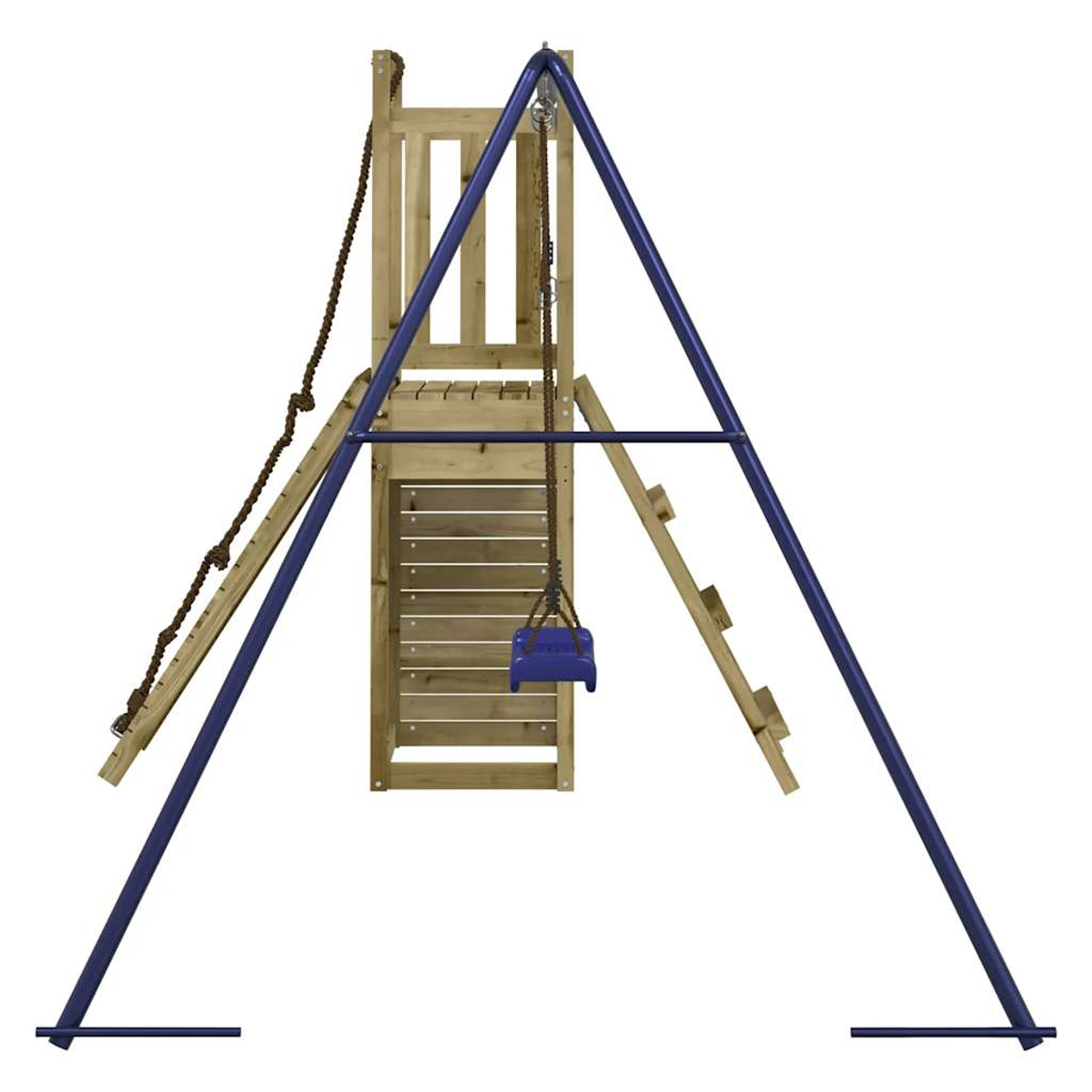 Holz-Spielgerüst mit blauer Schaukel, Seil und Leiter.