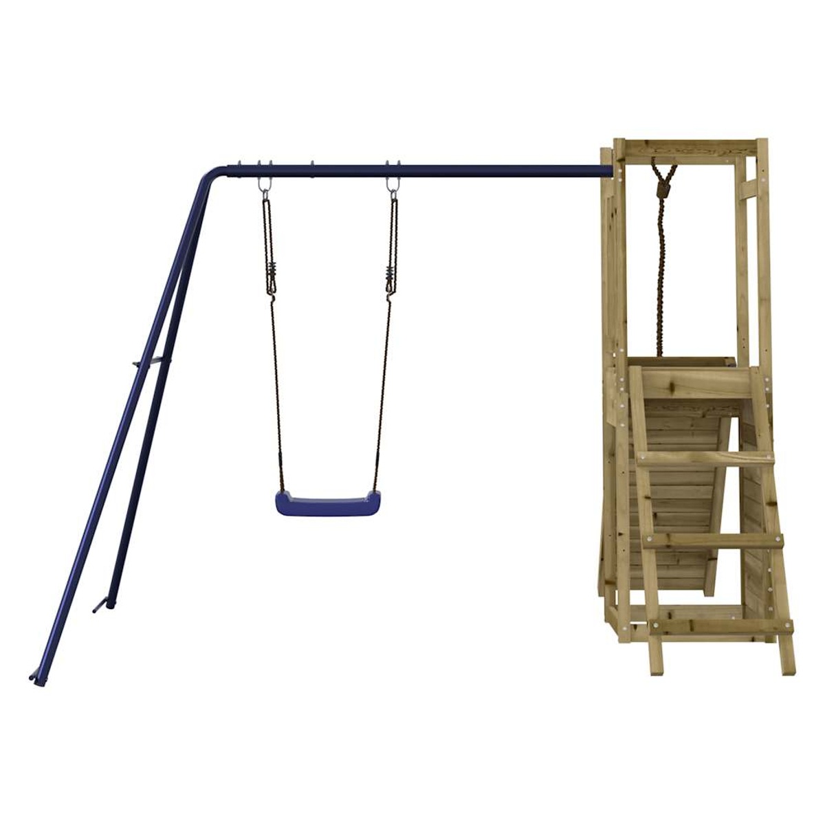 Holzspielturm mit blauer Schaukel und Strickleiter.
