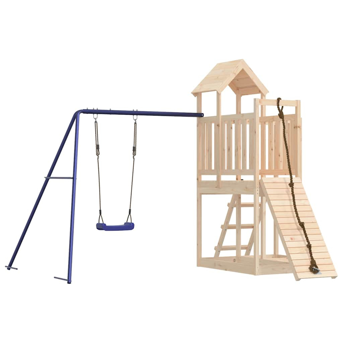 Ein hölzerner Spielturm mit Rutsche, Kletterseil und einer blauen Schaukel.