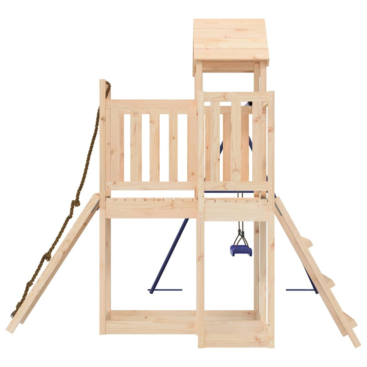 Ein hölzerner Spielturm mit Schaukel, Seil und Rutsche.