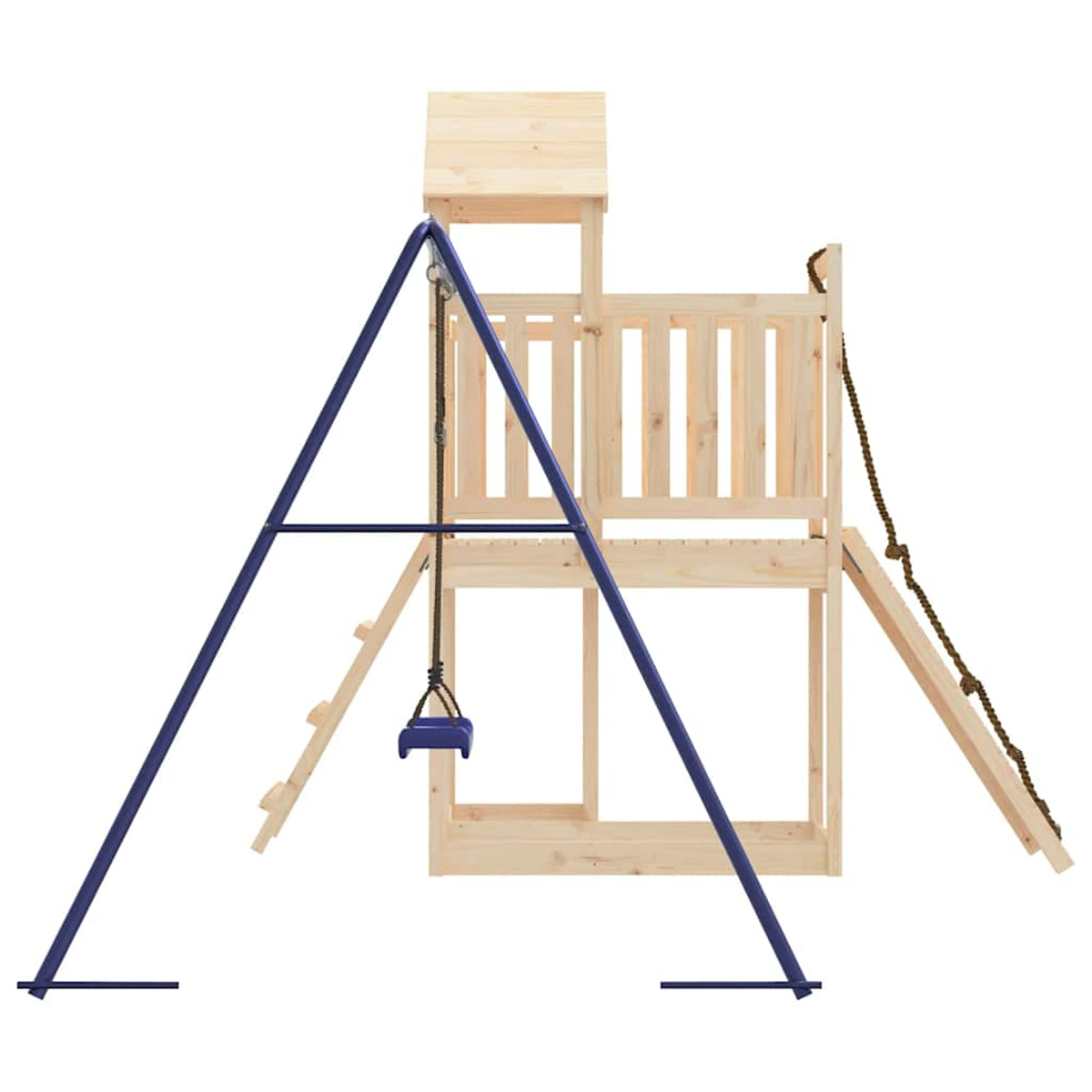 Ein hölzerner Spielturm mit Schaukel, Leiter und Kletterseil auf blauem Ständer.