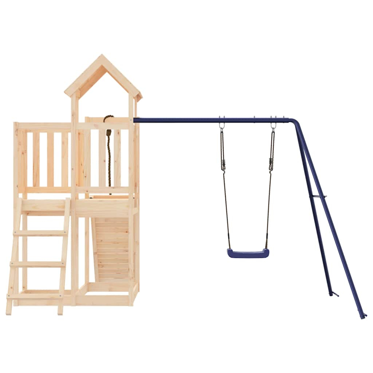 Holz-Spielturm mit Leiter und Schaukelgestell aus blauem Metall.