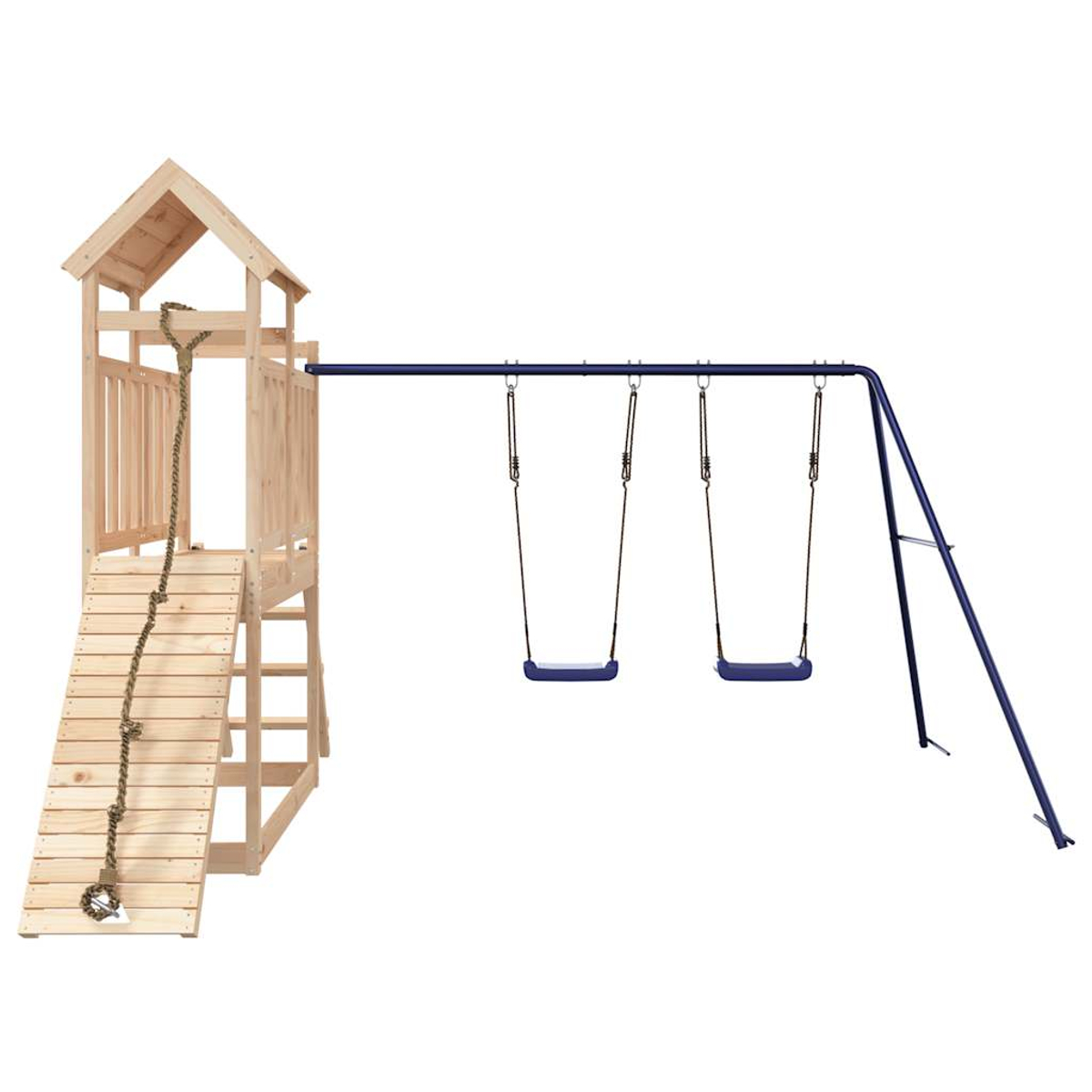 Holzspielturm mit Leiter, Seil und zwei blauen Schaukeln auf blauem Gestell.