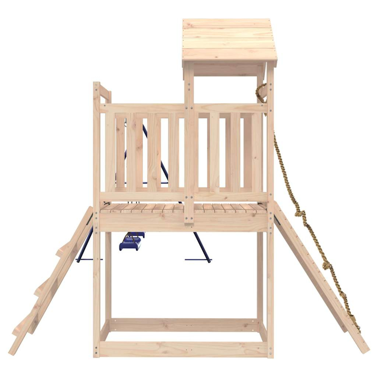 Ein hölzerner Spielturm mit Dach, Leiter, Seil und Schaukeln.